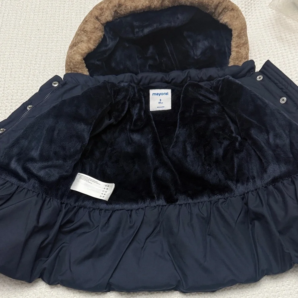 Mayoral Dark Blue Puffer Jacket with Brown Trim - Picture 4 of 5